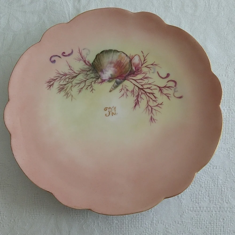 Vintage hand-painted porcelain salad plate pink shell decor monogram France